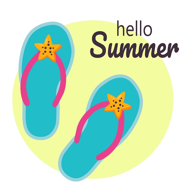 Vector hello summer beach slippers with starfish summer flip flops vector illustration in flat style