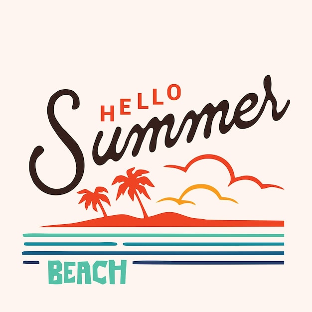 こんにちは夏、レトロなスタイルのビーチ ベクトル デザイン シャツに適したビンテージのイラスト