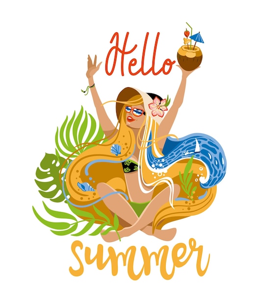 Vector hello summer beautiful girl on beach with cocktail on her hand beach party vector illustration