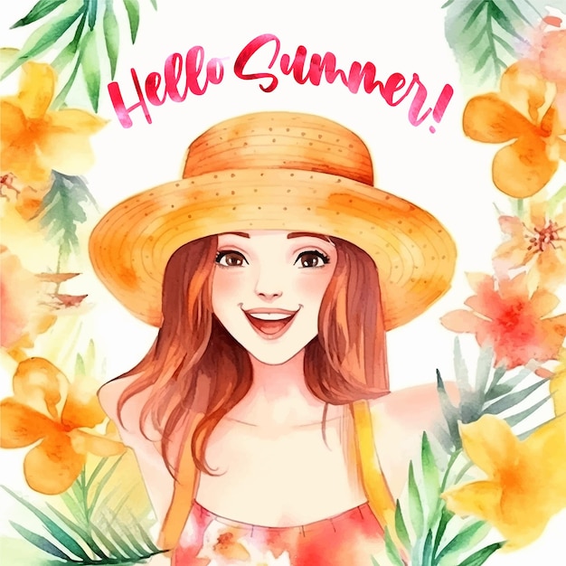 Hello summer beautiful girl with cap watercolor paint