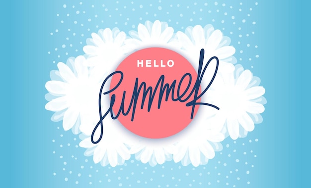 Hello summer Bright billboard with background of white flowers and label with handwritten inscription Template for advertising Vector banner