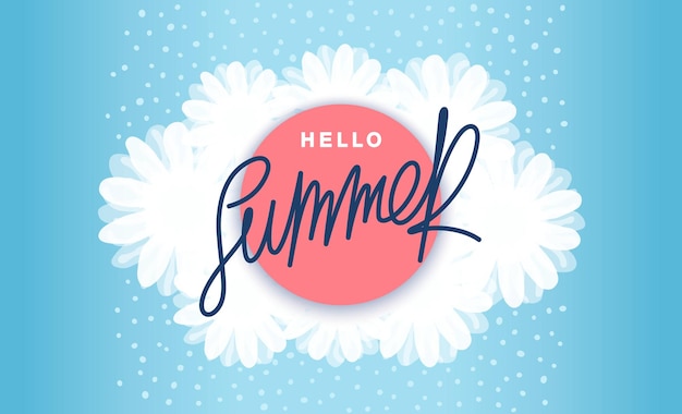 Vector hello summer bright billboard with background of white flowers and label with handwritten inscription template for advertising vector banner