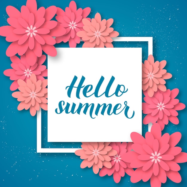 Hello summer calligraphy hand lettering with origami flowers inspirational seasonal quote typography poster paper cut style vector illustration easy to edit template for banner flyer sticker