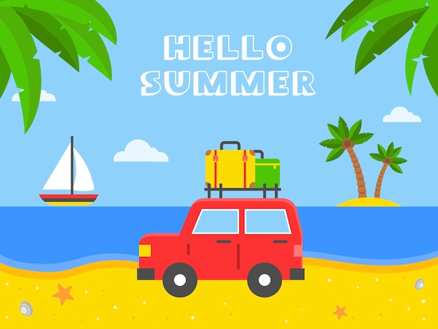 안녕하세요 여름, 해변 그림에 짐을 가진 차