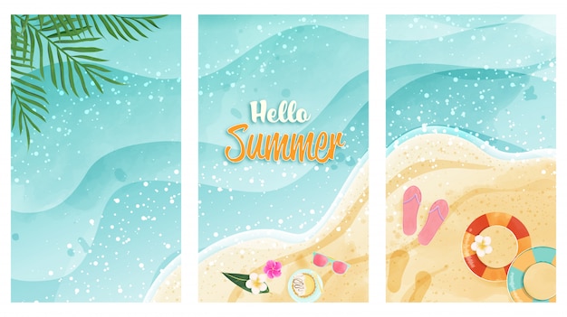 Набор карт Hello Summer представляет акварельный пляж. Вид сверху и имеет место для копирования. Дизайн для открытки, плаката, подарочного сертификата и прочего.