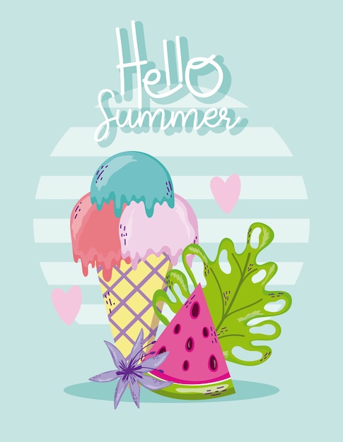 Hello summer card with cute cartoons