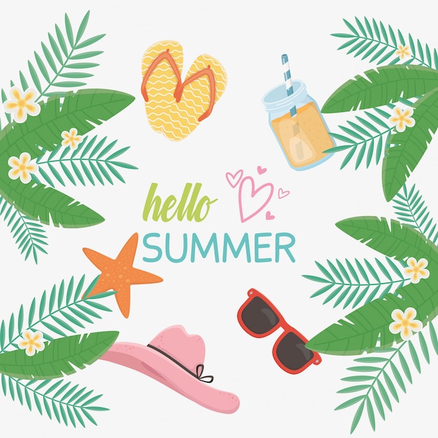 Vector hello summer card with female hat icons