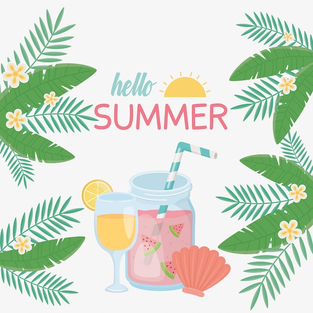 Vector hello summer card with fresh cocktail icons