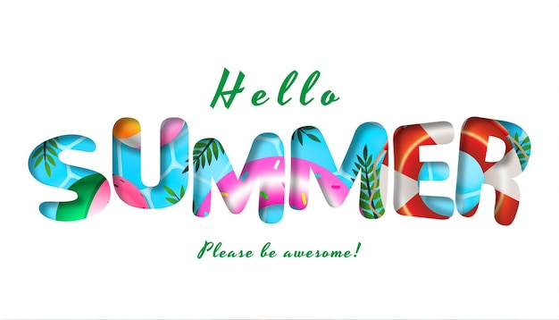 Vettore hello summer card con salvagenti da piscina