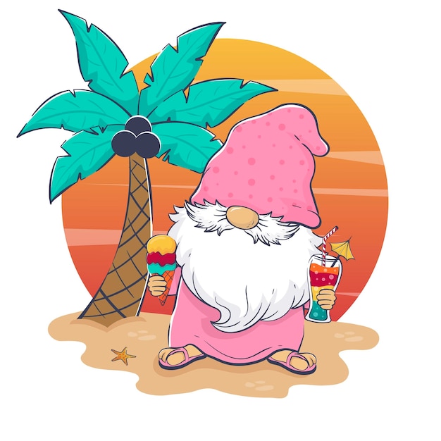 Vettore hello summer cartoon simpatico leprecauno che beve cocktail e mangia il gelato sulla spiaggia con sfondo tramonto e palme