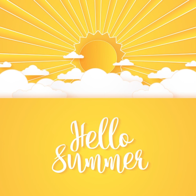 Hello Summer, Cloudscape, 밝은 구름 하늘과 태양, 글자, 종이 예술 스타일