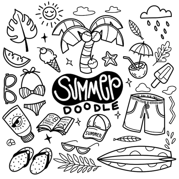 Vector hello summer collection set of summer doodle style isolated on white