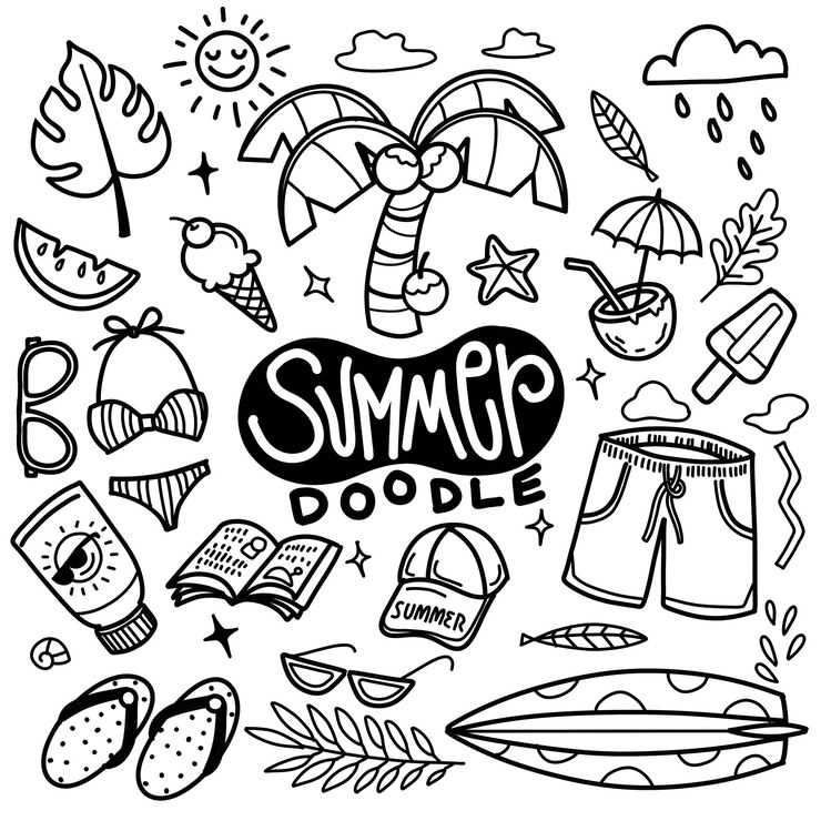 Vector hello summer collection set of summer doodle style isolated on white