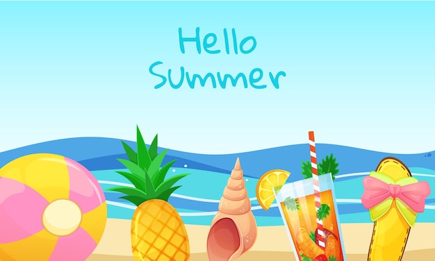 Ciao estate modello di banner colorato con spiaggia estate bevanda palla ananas vettore