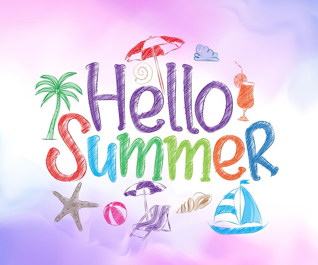 Привет, лето красочный дизайн с ручным рисунком векторных элементов и украшением летних предметов