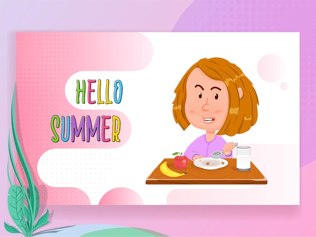 Hello summer colorful festive banner with cartoon character