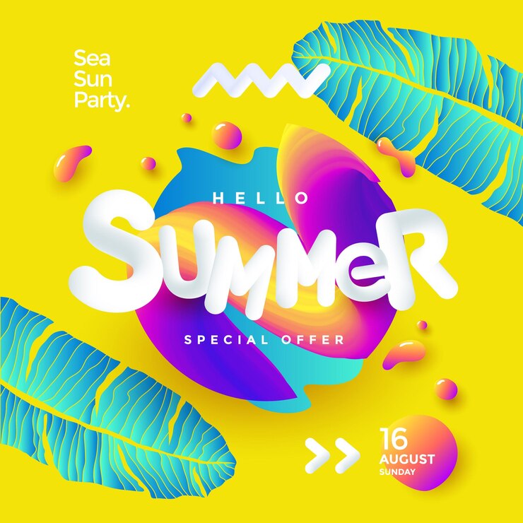 Hello summer colorful poster design with 3d typography