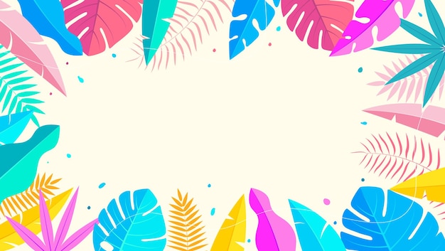 エキゾチックな森の葉の背景に抽象的なイラストを描いたハローサマーコンセプトデザイン