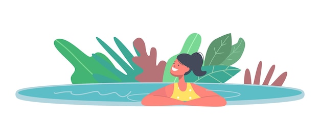 Vector hello summer concept. little girl character in swimwear playing in swimming pool or aqua park, kid fun on vacation, child enjoying outdoor relax and recreation. cartoon people vector illustration