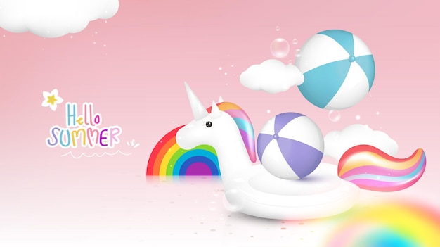 Hello summer decorated with unicorn inflatable pool beach ball rainbow clouds on pink background