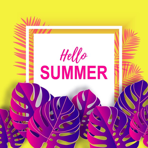 Hello summer design con foglie tropicali viola su sfondo giallo spazio per il testo