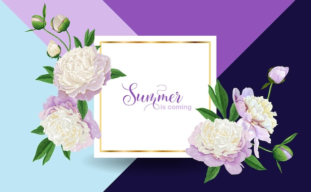 こんにちは夏の花のデザインが咲く白い牡丹の花。ポスター、バナー、結婚式の招待状、グリーティングカード、販売のための植物の背景。ベクトルイラスト