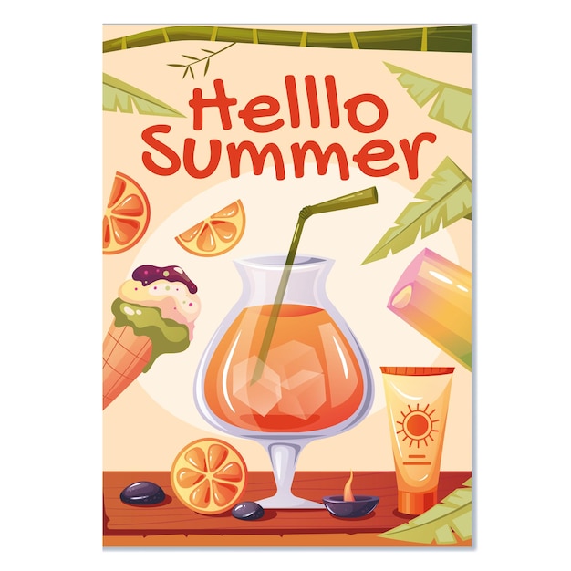 Vector hello summer flyer poster card set flat cartoon graphic design illustration