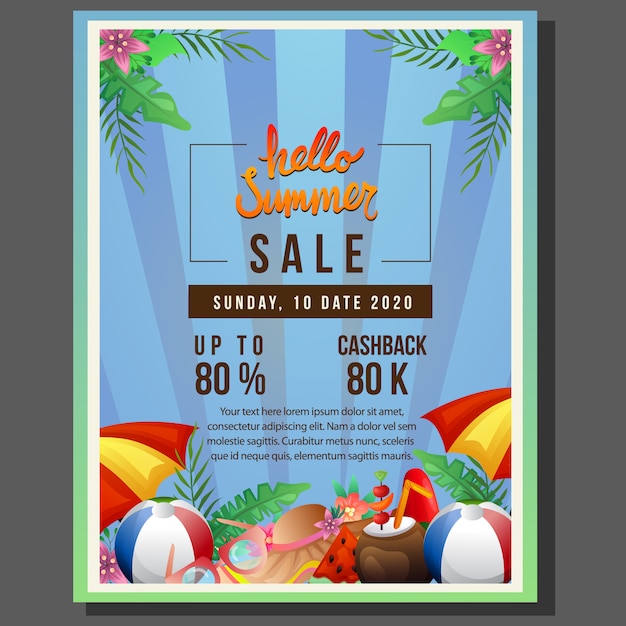 Hello summer flyer sale template with beach umbrella border