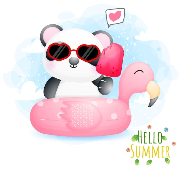 Vector hello summer greeting card with cute doodle baby panda holding ice cream on a flamingo buoy