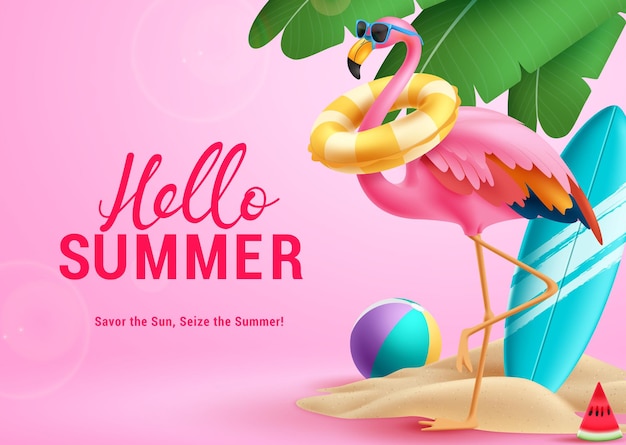 Hello summer greeting vector design Summer hello greeting text with pink cute flamingo wearing sung