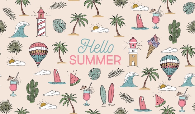 Hello Summer, hand drawn illustration.