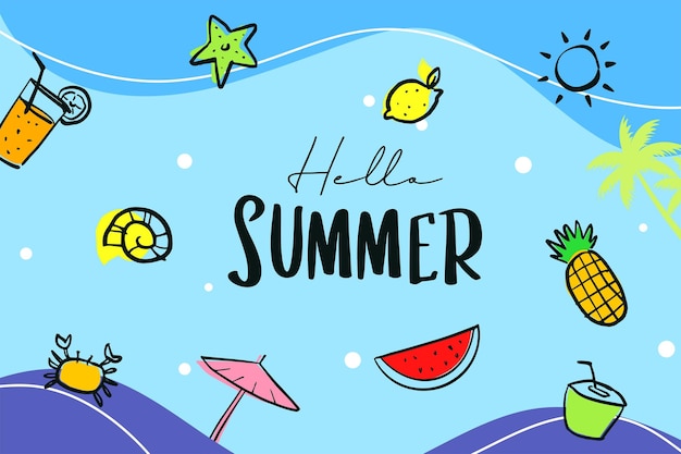 Hello summer hand drawn style with decoration on blue background