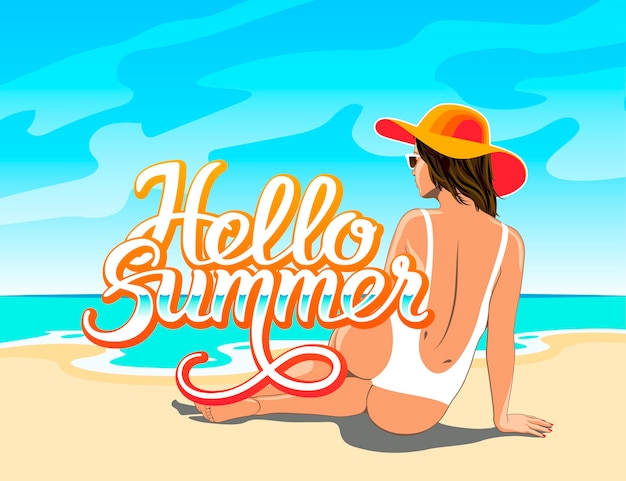 Hello summer hand lettering with beautiful girl in white swimsuit, hat and sunglasses sitting on the sand of beach of the sea