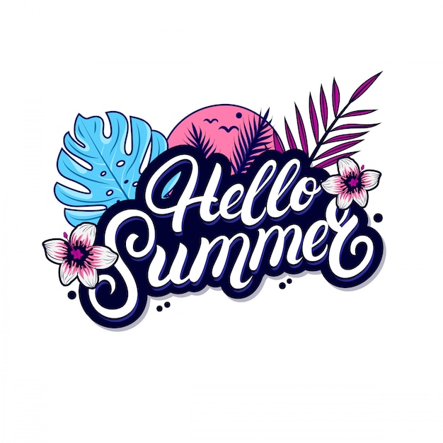 Vector hello summer hand written lettering with palm and monstera leaves.