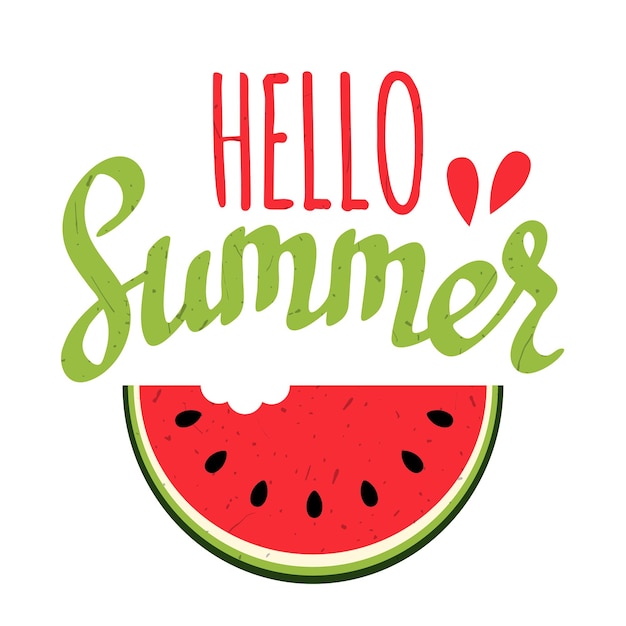 Hello summer, handwritten vector iettering with red juicy watermelon slice.