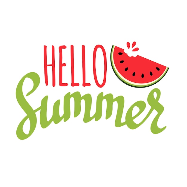 Hello summer handwritten vector Iettering with red juicy watermelon slice