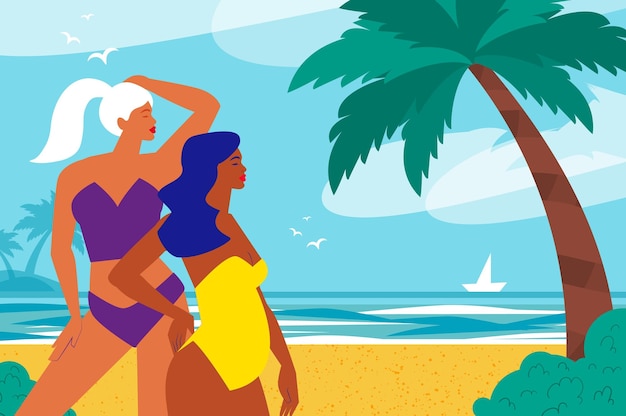 Vector hello summer happy young pregnant woman with sunburnt skin and young girl on a tropical beach wearing bright yellow and purple swimwear summertime sea sky palms and beautiful beach