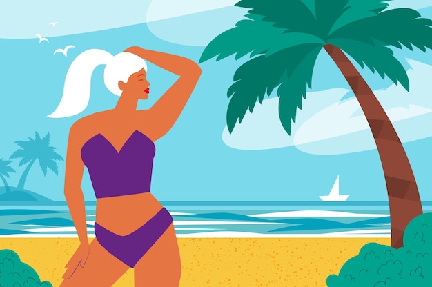 Vector hello summer happy young woman with sunburnt skin on a tropical beach wearing bright purple swimwear summertime sea sky palms and beautiful beach