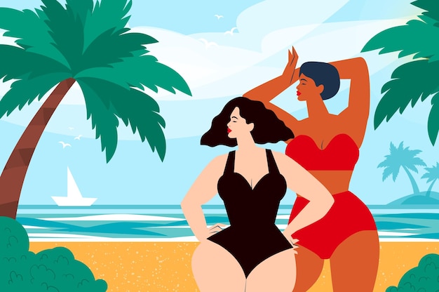 Vector hello summer happy young women on a tropical beach wearing red and black swimwear summertime sea sky palms and beautiful beach