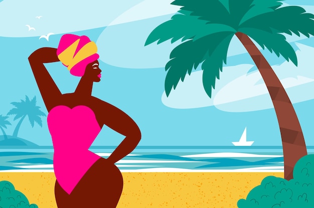 Hello summer Happy young women with dark skin on a tropical beach wearing bright pink swimwear Summertime Sea sky palms and beautiful beach