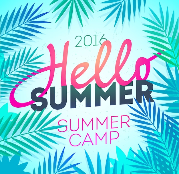 Vettore poster di hello summer holiday e summer camp poster di festa con foglia di palma e lettere hello summer