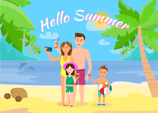 Hello Summer Horizontal Banner. Family at Seaside.