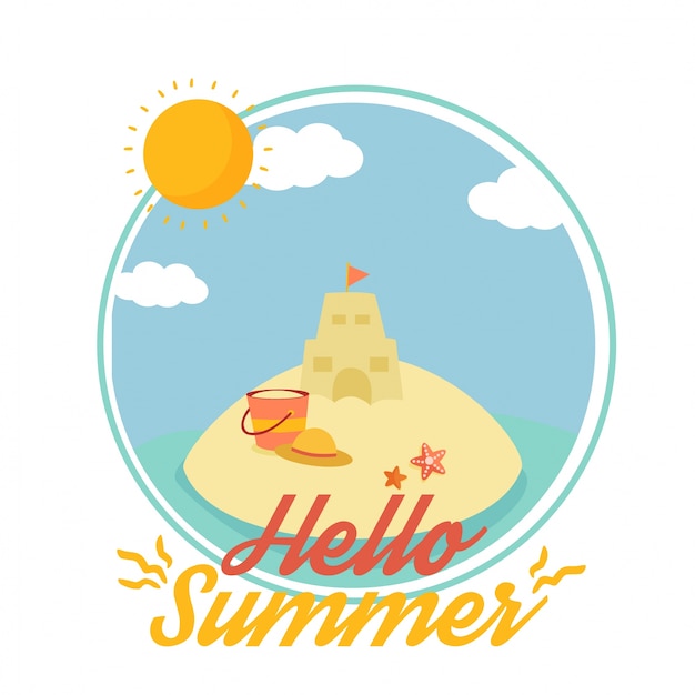 Hello summer vector vector. с симпатичной летней иконой и персонажем