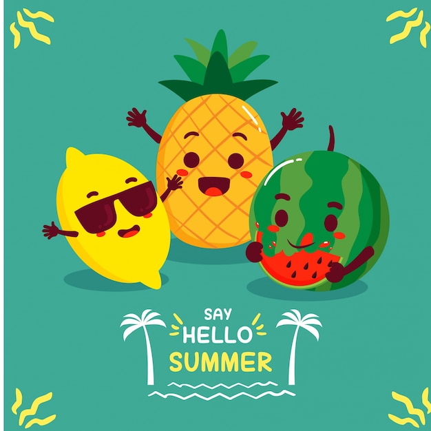 Hello Summer Vector Vector. С Симпатичной летней иконой и персонажем