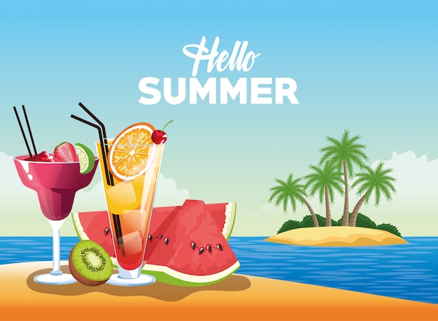 Hello summer illustration with cartoon elements