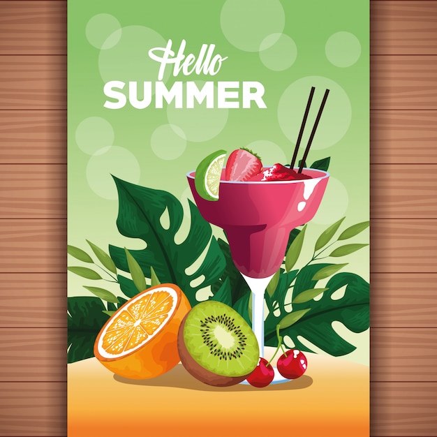Hello summer illustration with cartoon elements