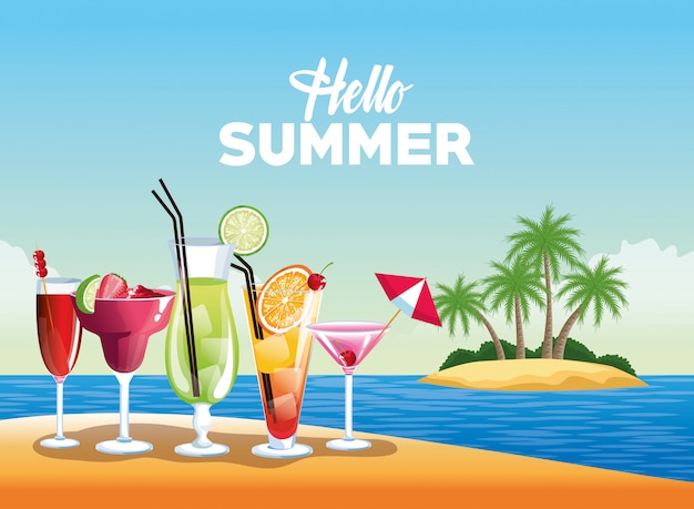 Vector hello summer illustration with cartoon elements