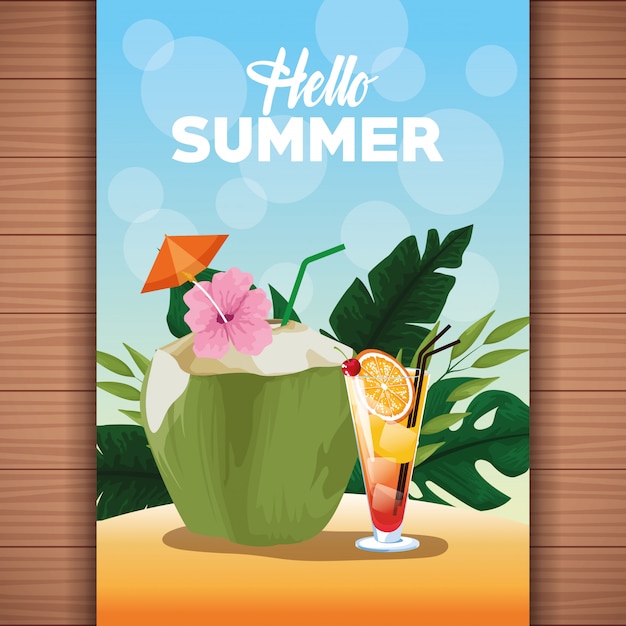 Hello summer illustration with cartoon elements