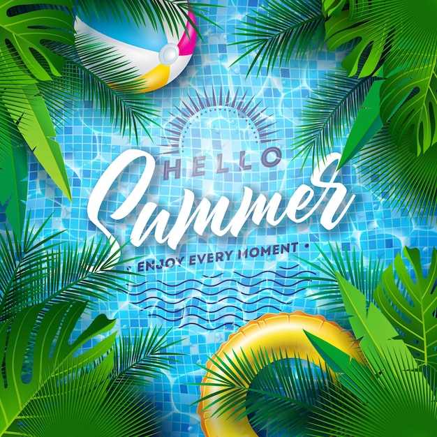 Hello summer illustration with swimbelt and beach ball on water in the tiled pool background