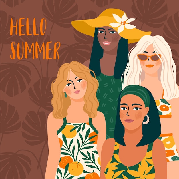 Hello summer illustration with Young girls with different skin colors wearing swimsuits